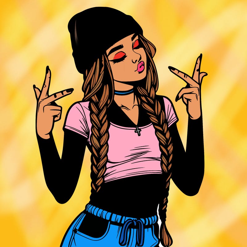 realistic teenage girl with braids and a beanie and crop top doing 🫶🏼