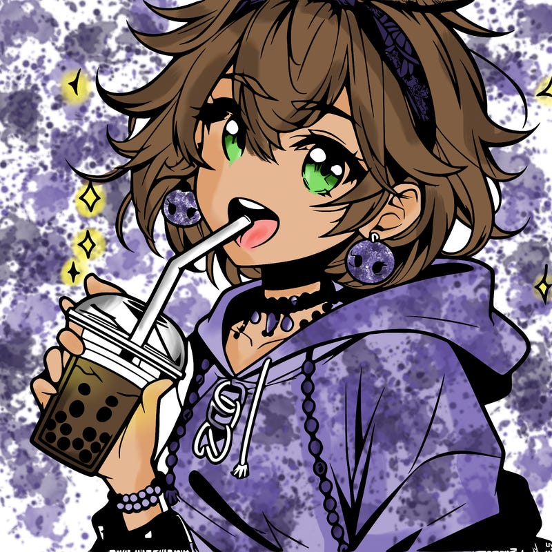 hot baddie anime girl drinking boba and biting the straw
