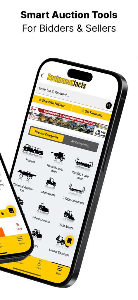Equipmentfacts Live Auctions - Aplicación Equipmentfacts Live Auctions en un smartphone mostrando categorías de maquinaria como tractores y cargadores.