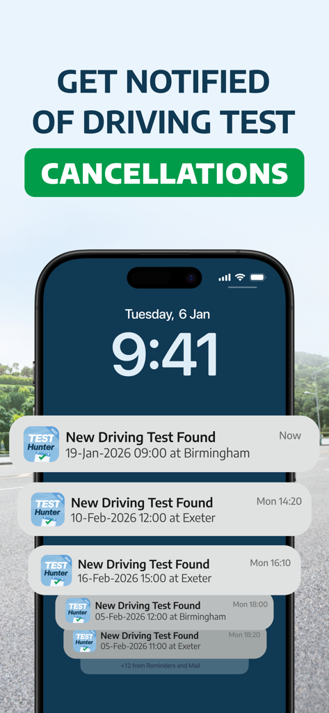 Test Hunter - Cancellations UK - Pantalla de bloqueo del smartphone mostrando notificaciones push de cancelaciones de exámenes de conducir disponibles de la aplicación Test Hunter.