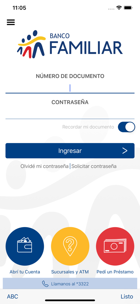 Interfaz de inicio de sesión de la aplicación móvil de Banco Familiar con campos para documento y contraseña