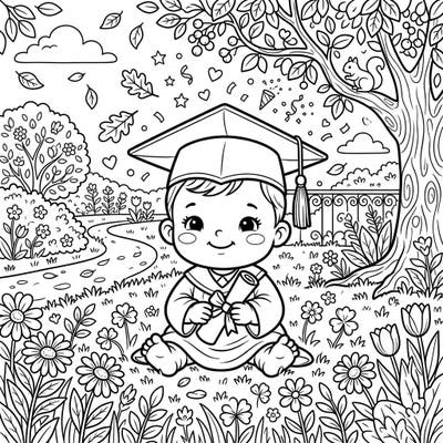 Commemorate a precious milestone with this adorable coloring page featuring a baby in a graduation cap and gown. Set in a beautiful outdoor park, it's a heartwarming scene perfect for celebrating tiny achievements.