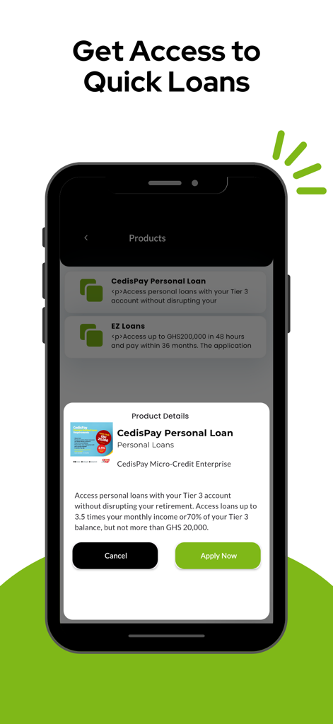 Axis Pension App - Smartphone displaying quick loan options and personal loan details within the Axis Pension App.