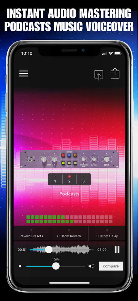AudioMaster: Audio Editor - Mobile app interface of AudioMaster showing professional mastering controls and waveforms for podcast production