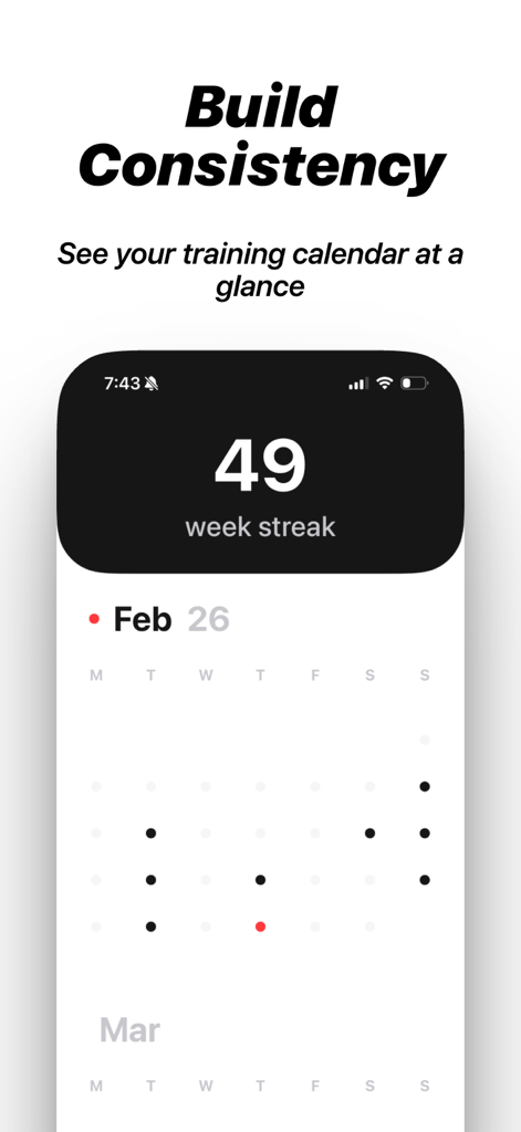 Interfaz de la aplicación Lift mostrando un calendario de entrenamiento y una racha de entrenamiento de 49 semanas