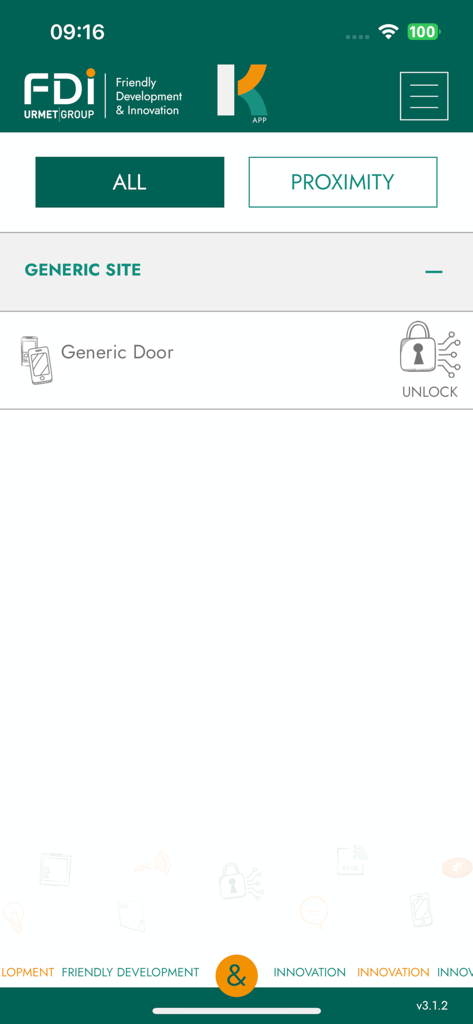 K-App mobile interface showing a generic door with a button to unlock for building access
