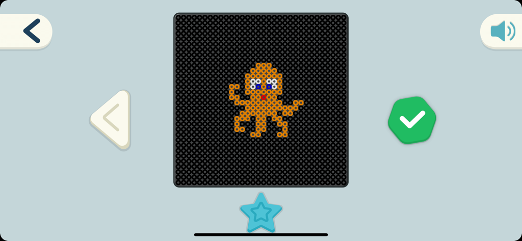 A pixelated orange octopus design displayed on a digital grid within the smART pixelator app interface