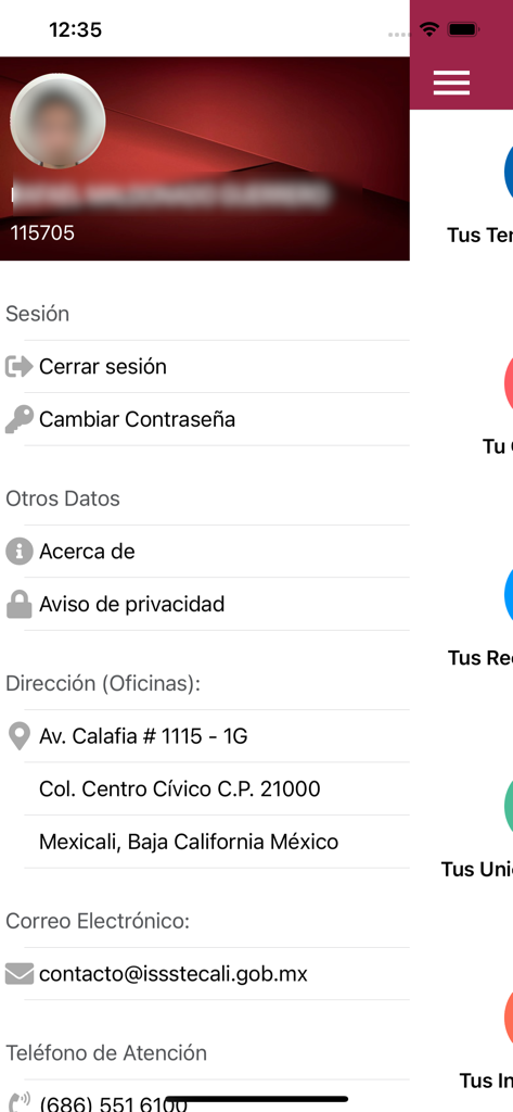Mi ISSSTECALI - User profile and account settings screen of the Mi ISSSTECALI mobile app showing logout options and contact information