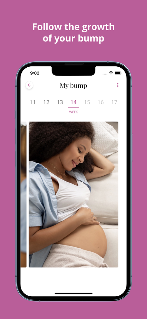 Baby Mam Pregnancy Tracker - A smartphone showing the Baby Mam app's My Bump screen where a pregnant woman can track and view photos of her growing belly week by week.