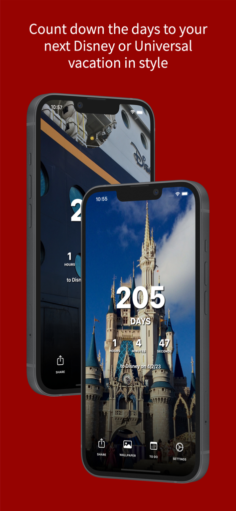Dos iPhones mostrando temporizadores de cuenta regresiva para vacaciones en Disney World y Disney Cruise con fondos personalizados.