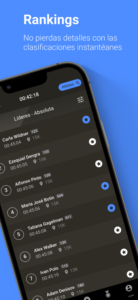 Maraton Lala - マラソン・ララのランナーランキングとレースリーダーボードをリアルタイムで表示するモバイルアプリ画面。
