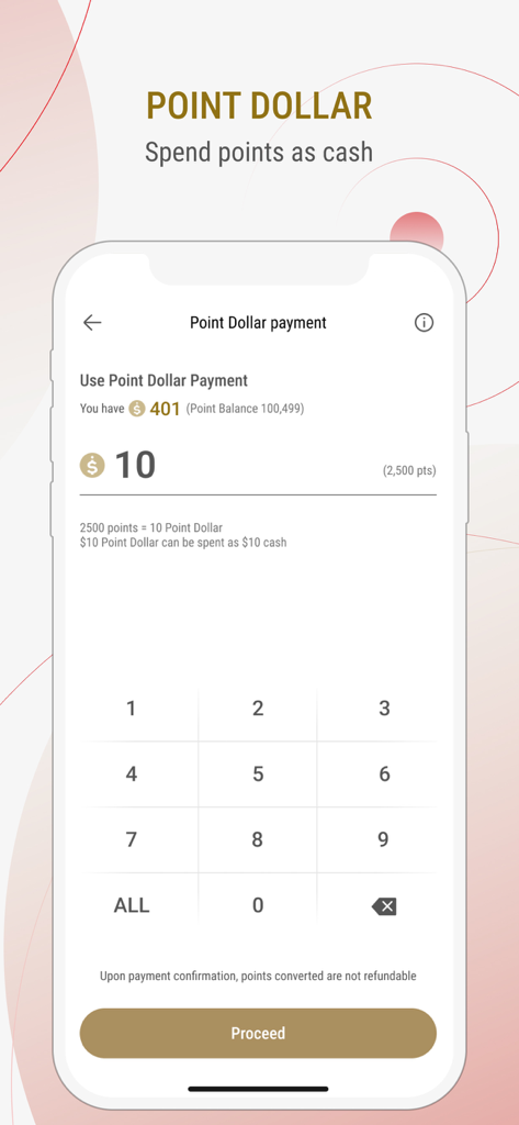 Mobile screen of The Point app showing a Point Dollar payment interface to convert reward points into cash for shopping.