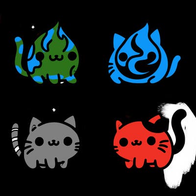 4 cats that represent the different elements, earth, water, air, and fire