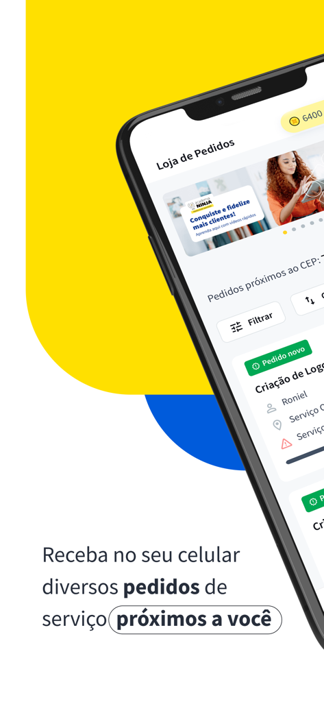 GetNinjas para Profissional - Interface do aplicativo GetNinjas para profissionais mostrando solicitações de serviço e pedidos próximos