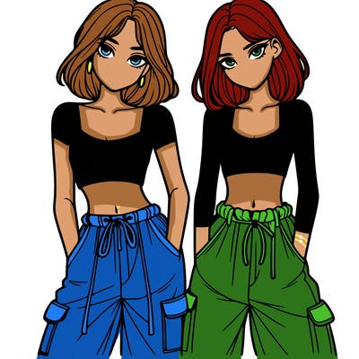 two girls with crop top with baggy pants