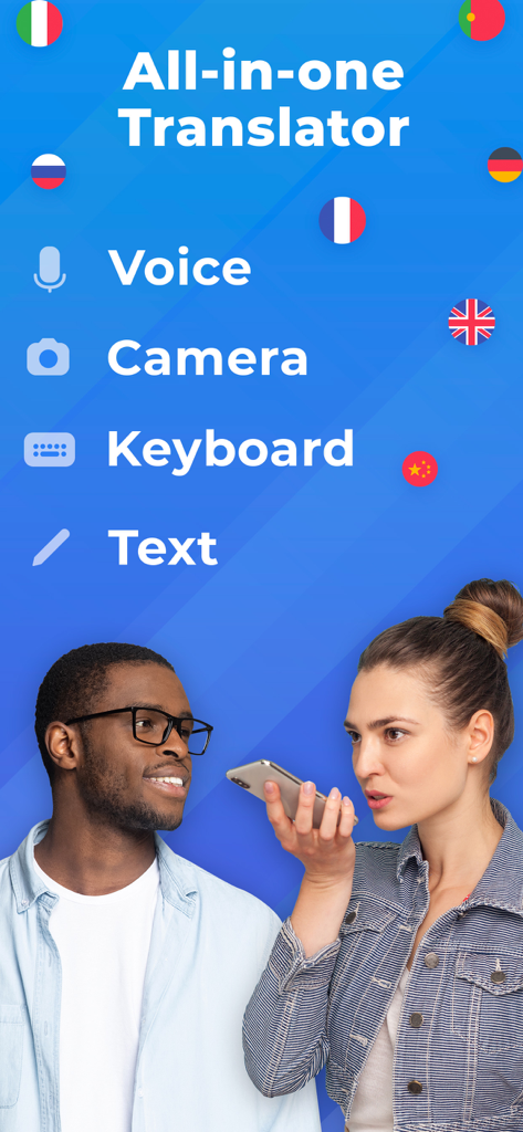 OkTalk: Keyboard Translator - Promotion of OkTalk: Keyboard Translator showing its main features: Voice, Camera, Keyboard, and Text translation with a couple using the app.