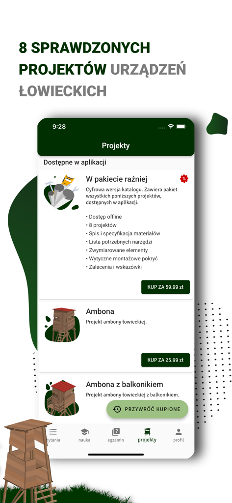 Una pantalla de la aplicación Egzamin Łowiecki que muestra un catálogo de planos y proyectos técnicos para construir puestos de caza y equipos.
