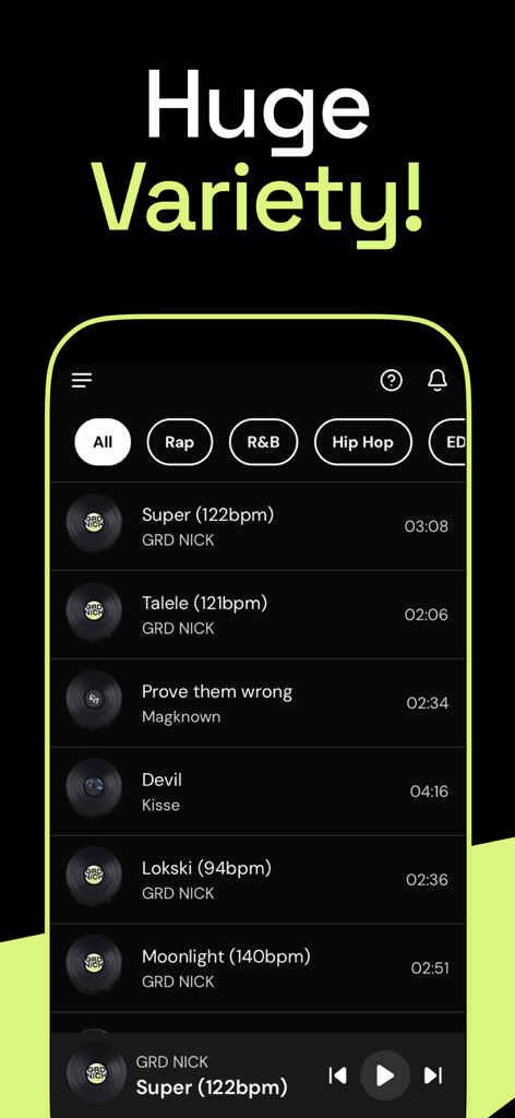 Fast Rhymes Songwriting Studio - Pantalla de la aplicación Fast Rhymes mostrando una gran variedad de beats con categorías para Rap, R&B y Hip Hop