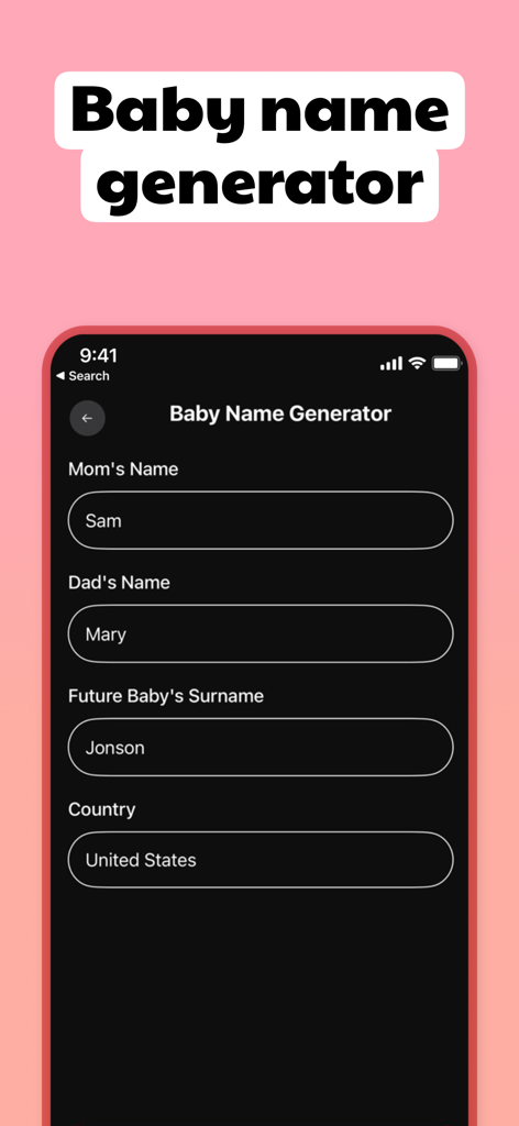 Screenshot of the baby name generator feature showing input fields for parents names and country