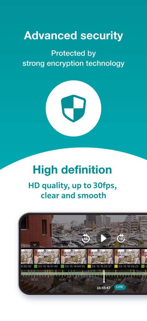 Safie Viewer mobile app screen displaying security encryption and high-definition video playback features.