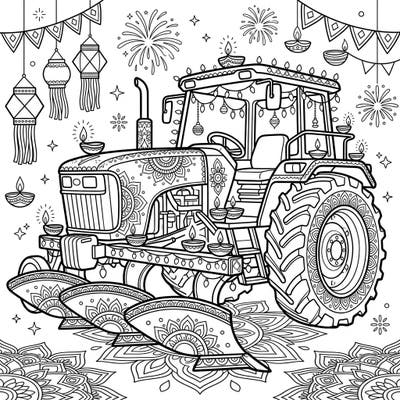 Get ready for a unique Diwali celebration with this fascinating plowing equipment coloring page. Adorned with traditional diyas, intricate rangoli patterns, and festive lights, this design brings the joy of the Festival of Lights to an unexpected subject.