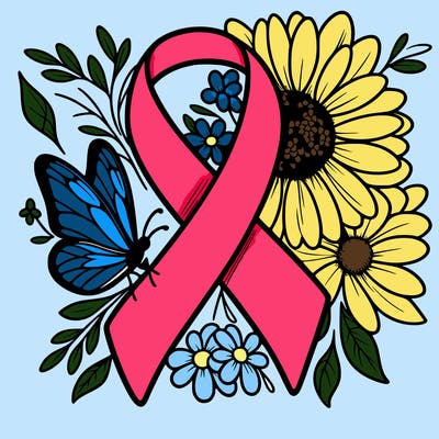 cancer awareness symbol with flowers and butterflies