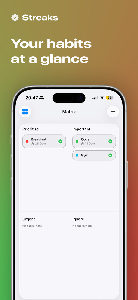 Streaks: Daily Habit Tracker - Una interfaz de aplicación móvil que muestra una matriz de seguimiento de hábitos con categorías para priorizar tareas