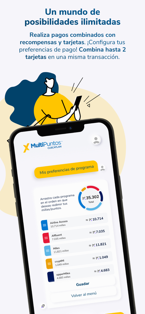 MultiPuntos CUSCATLAN - Interface of the MultiPuntos CUSCATLAN app showing reward program preferences and total miles balance