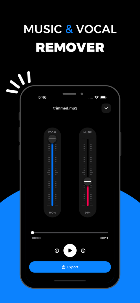 Music Remover Pro: AI Powered - iPhone screen displaying vocal and music volume adjustment sliders in the Music Remover Pro app