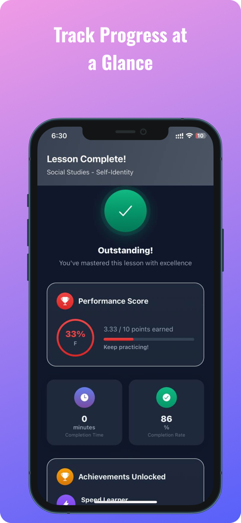 EduMate GH – GES AI Study App - EduMate GH app screen showing lesson completion summary with performance score and unlocked achievements.
