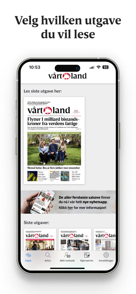 Vårt Land e-avis - Vart Land e-avis app interface showing the selection of recent newspaper editions for reading