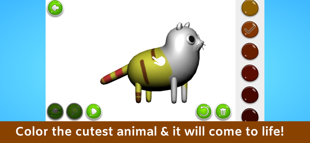 3D cat model being colored in a kids educational app