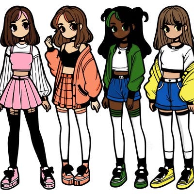 one girl with crop-top shirt and a jacket with a skirt, long socks and another girl with a shirt and pants with a jacket