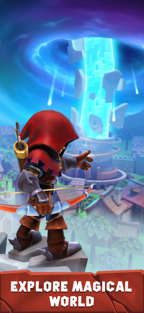 Combat Quest: Idle Dungeon RPG - ファンタジー世界で輝く青い魔法の塔を見つめる赤いフードのアーチャーヒーロー