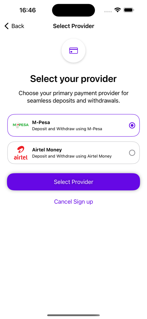 D-CASH - Selection screen for payment providers M-Pesa and Airtel Money in the D-CASH app