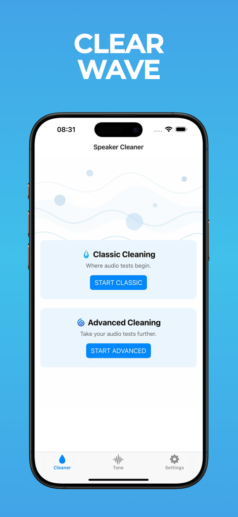 Water Eject · - Interface of the Water Eject app showing classic and advanced speaker cleaning options.
