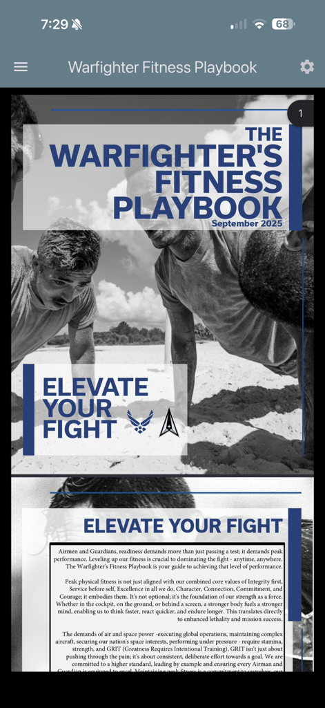 USAF PFA & USSF HPA Calculator - Warfighter Fitness Playbook screen displaying fitness guidance for Airmen and Guardians.