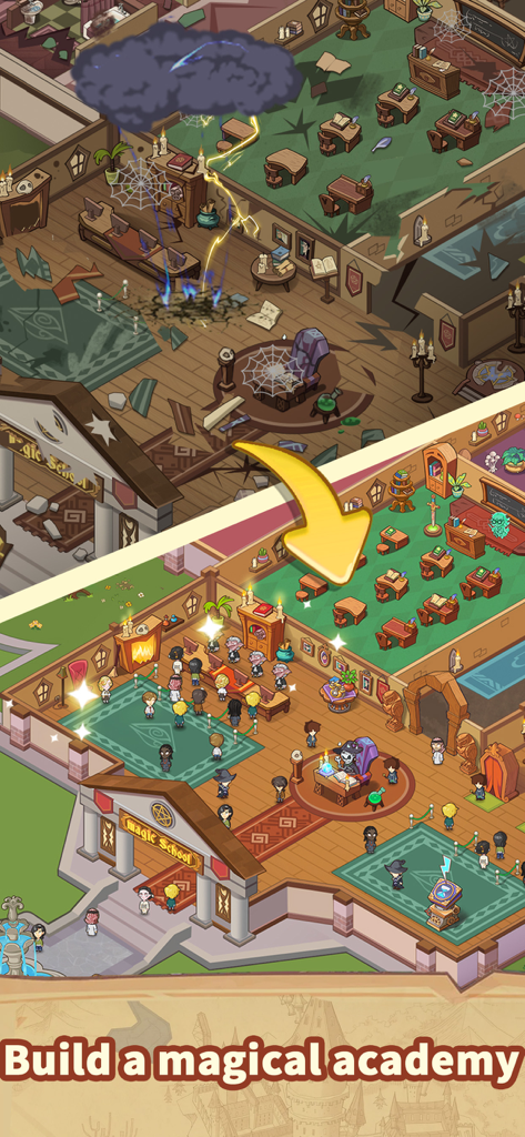 Idle Magic Academy - Uma comparação mostrando uma sala de aula de magia em ruínas a ser transformada numa academia escolar de bruxos brilhante e movimentada.