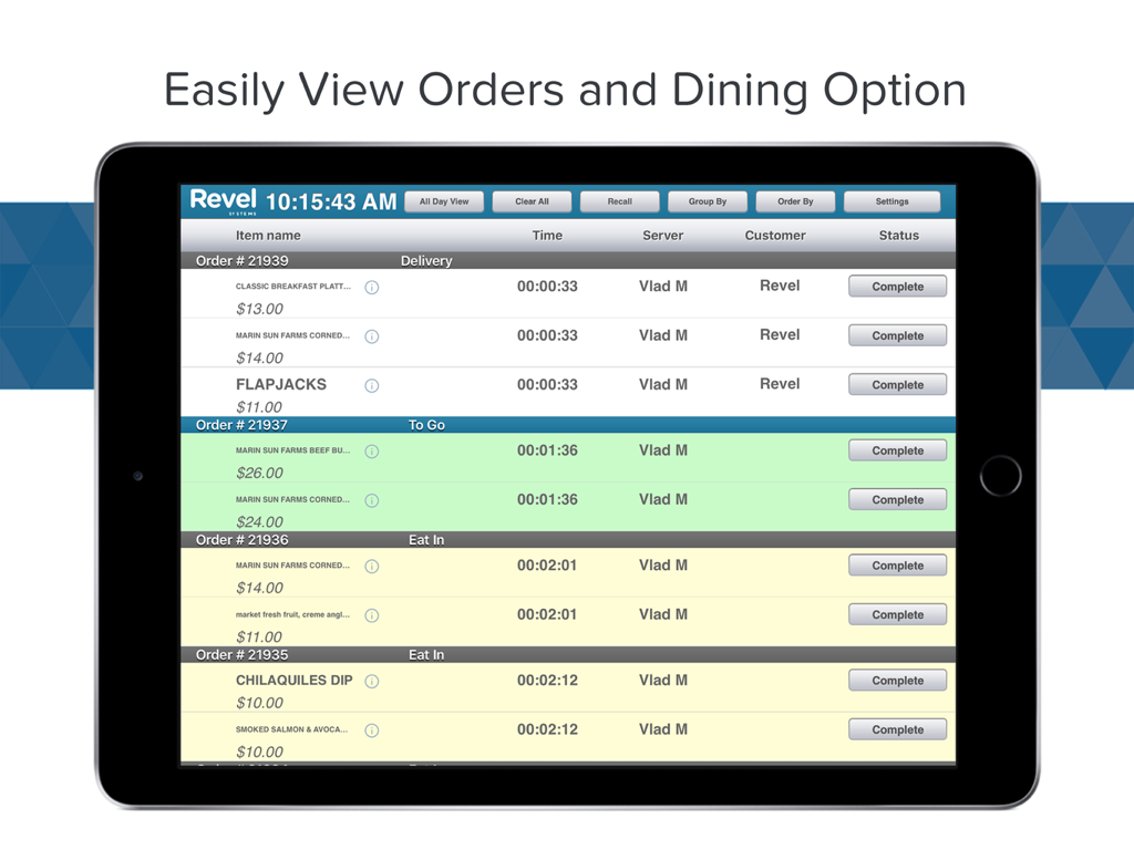 Revel KDS - 2.79 - Revel KDS dashboard on iPad displaying real-time restaurant orders and fulfillment status