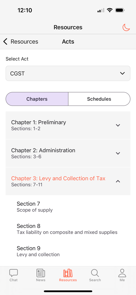 Interface de l'application GST Press montrant les chapitres de la loi CGST et des sections spécifiques comme la portée de la fourniture et la responsabilité fiscale