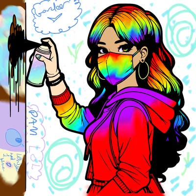 realistic girl with mask spray painting a wall