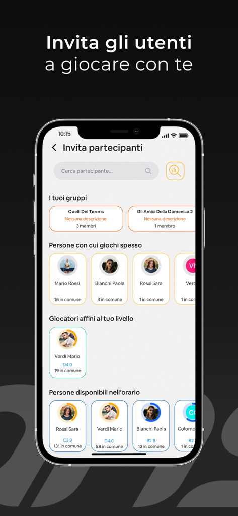 Pantalla móvil de la app TC Noventa di Piave que muestra opciones de invitación y grupos para jugadores de tenis