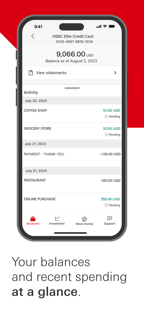 HSBC US mobile app interface showing credit card balance and transaction history