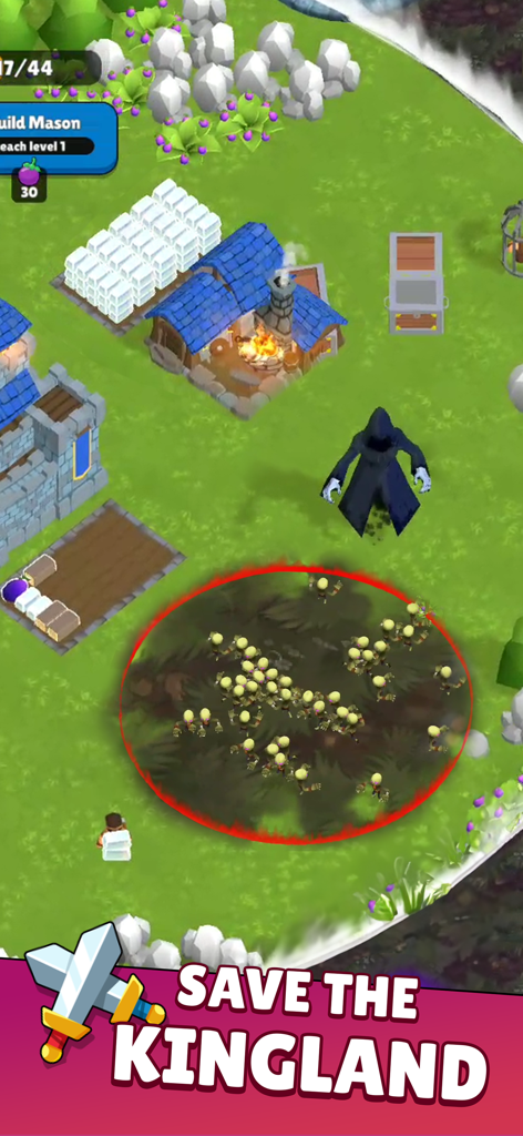 Kingland - Castle Adventure - 킹글랜드 성의 모험 게임 플레이로, 중세 건물 근처에서 좀비 무리를 소환하는 어둠의 마법사를 보여줍니다.