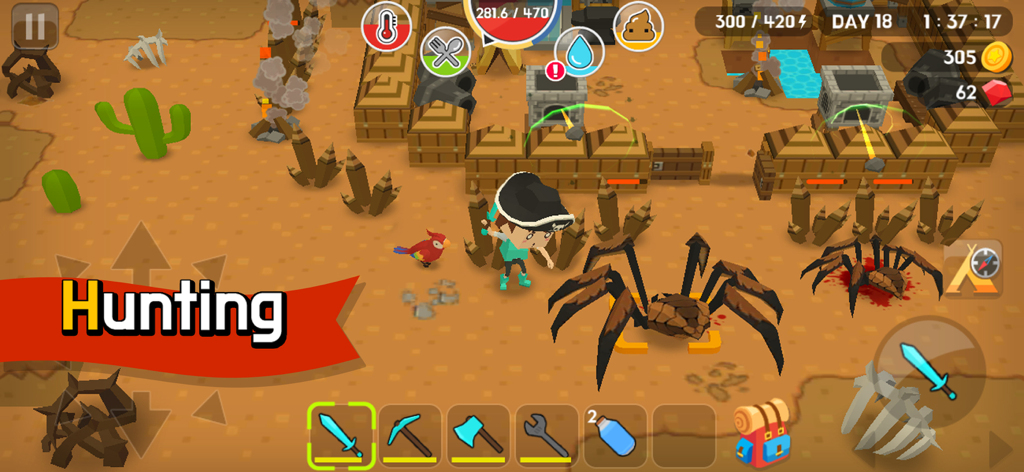 Mine Survival - Character hunting giant spiders in the desert in Mine Survival
