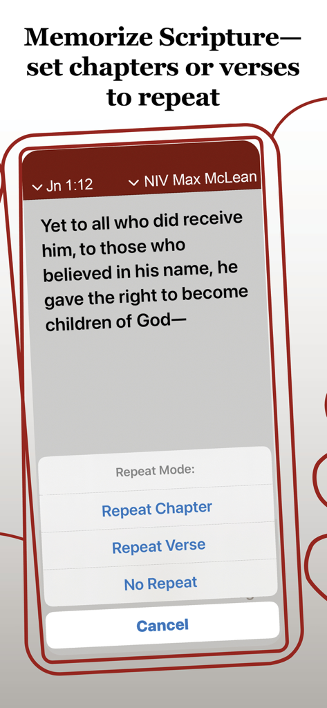 A screenshot of the Bible Audio app showing the repeat mode settings for scripture memorization with options to repeat chapter or verse.