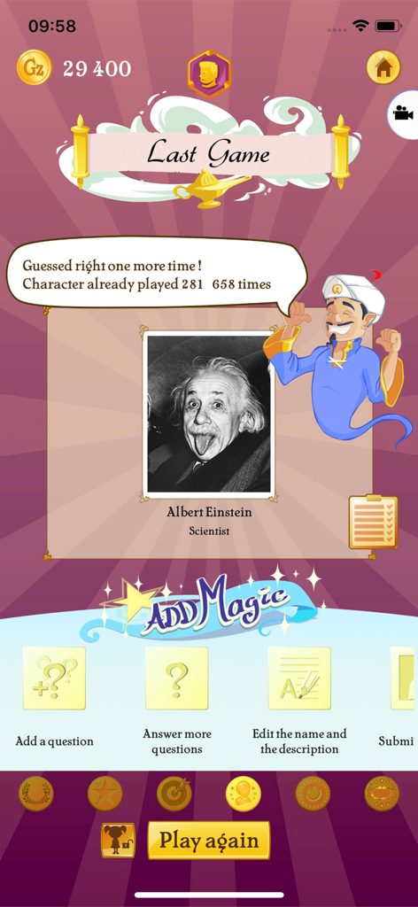 A screenshot of the Akinator app result screen where the genie successfully guessed Albert Einstein.