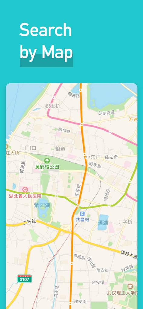 MetroMan Wuhan - MetroMan Wuhan app search by map feature displaying a detailed city map with metro stations