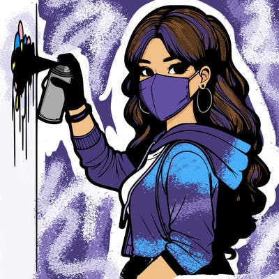 realistic girl with mask spray painting a wall