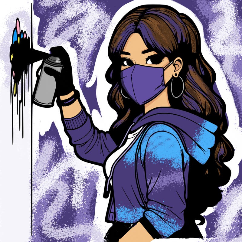 realistic girl with mask spray painting a wall